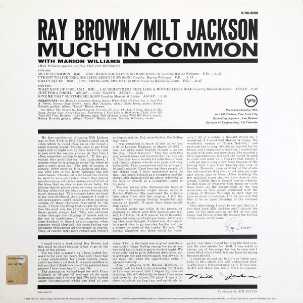 Ray Brown / Milt Jackson : Much In Common (LP, Album, RE, 180)