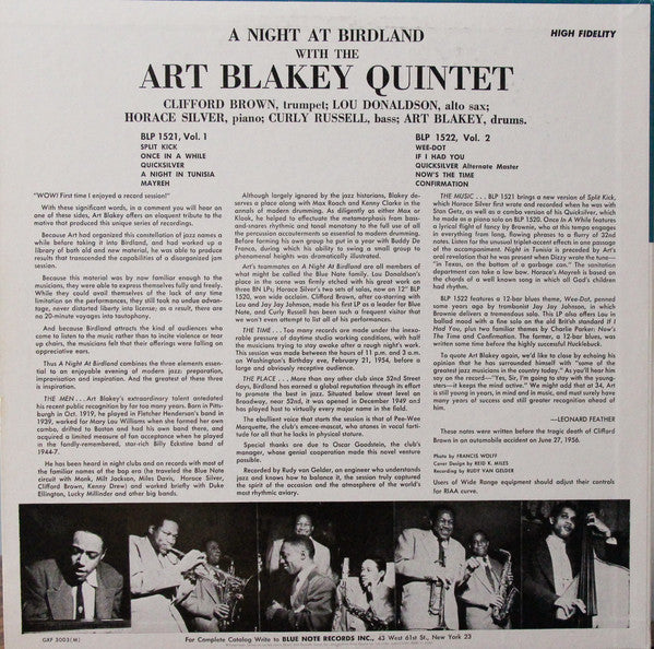 Art Blakey Quintet : A Night At Birdland Volume 1 (LP, Album, Mono, Ltd, RE)