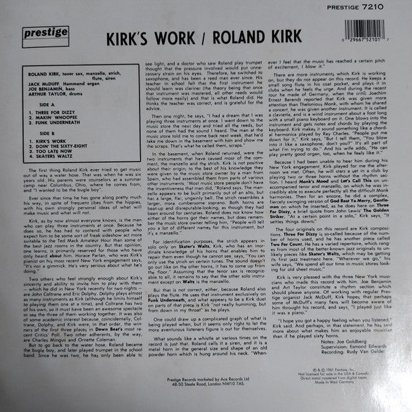 Roland Kirk With Jack McDuff* : Kirk's Work (LP, Album, RE)
