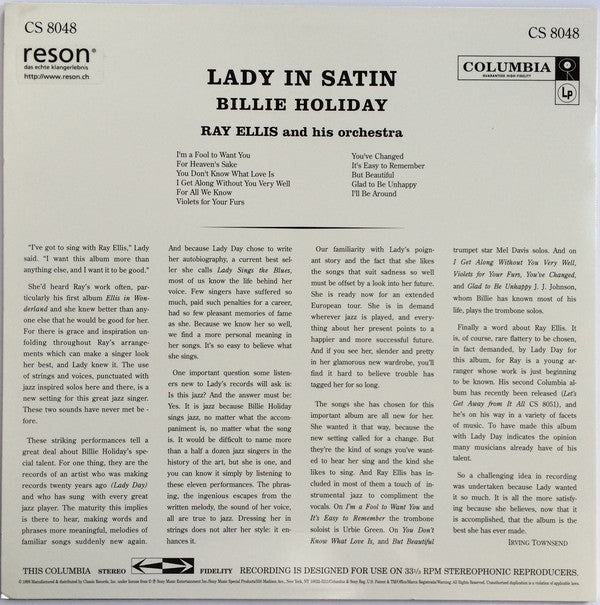 Billie Holiday With Ray Ellis And His Orchestra : Lady In Satin (LP, Album, RE, RM, 180)