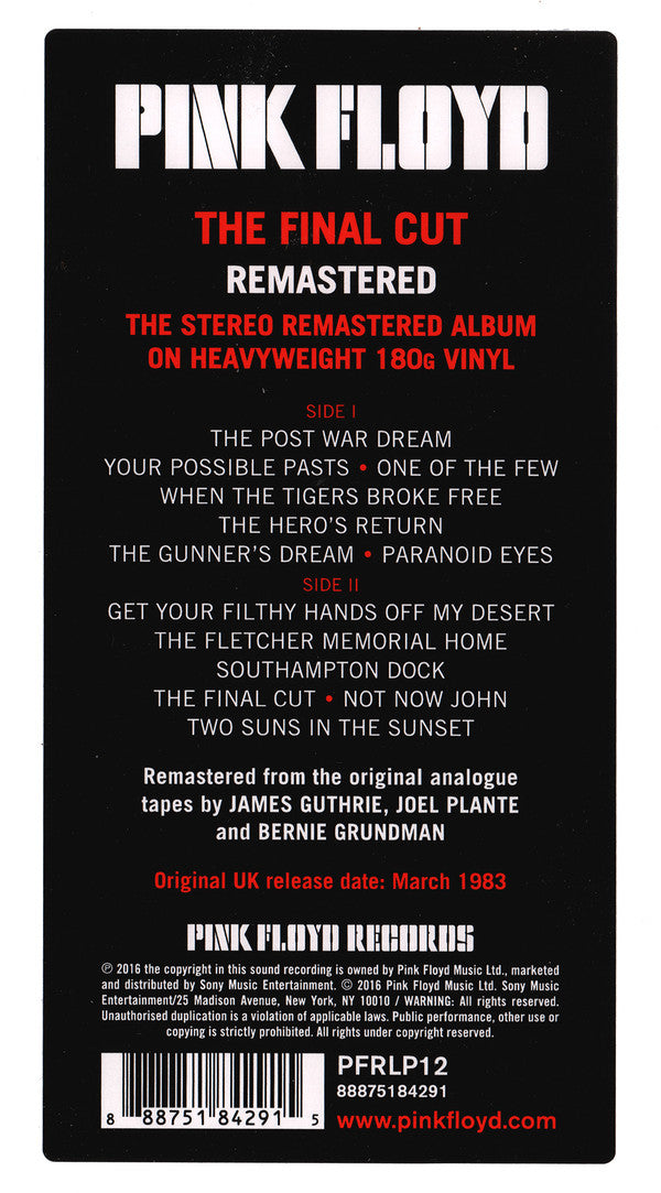Pink Floyd : The Final Cut LP, Album, RE, RM, 180 (M / M) - Dig Vinyl