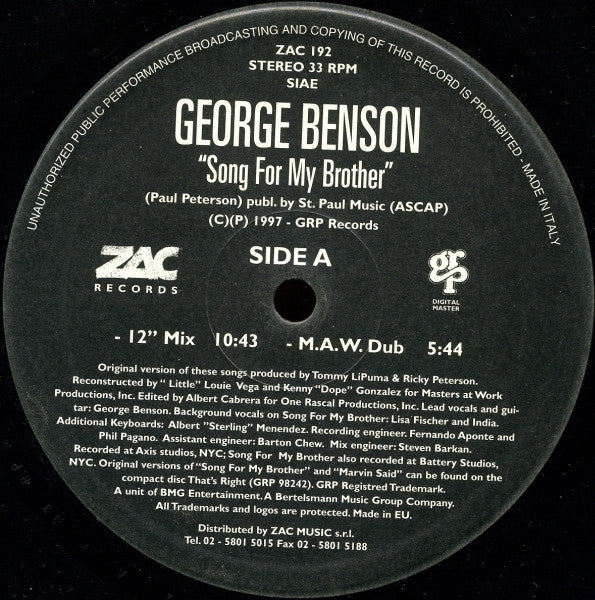 George Benson : Song For My Brother / Baby I'm In Love (The Masters At Work Remixes) (12")