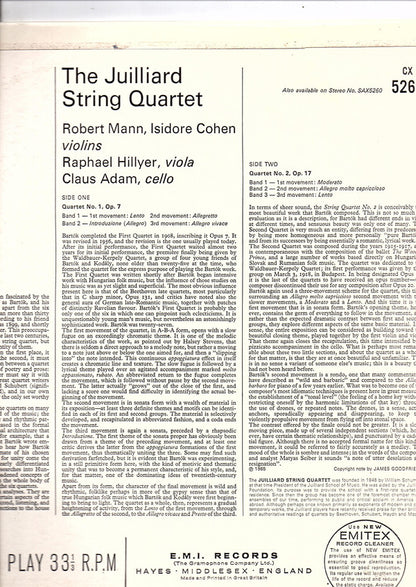 Bartok* - The Juilliard String Quartet* : String Quartets Nos. 1 & 2 (LP, Mono, RE)