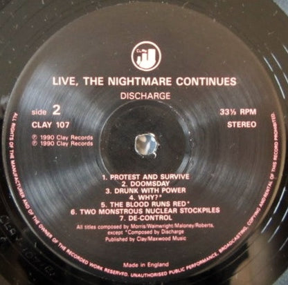 Discharge : The Nightmare Continues... Live (LP, Album)