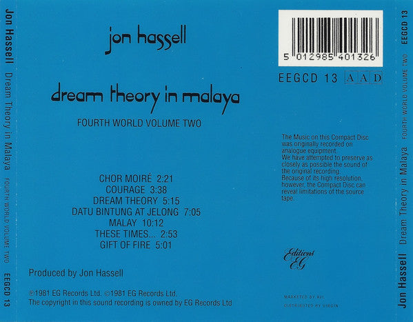 Jon Hassell : Dream Theory In Malaya (Fourth World Volume Two) (CD, Album, RE)