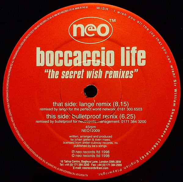 Boccaccio Life : The Secret Wish Remixes (12", RP)