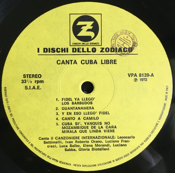 Canzoniere Internazionale : Canta Cuba Libre (LP, Album, RE)