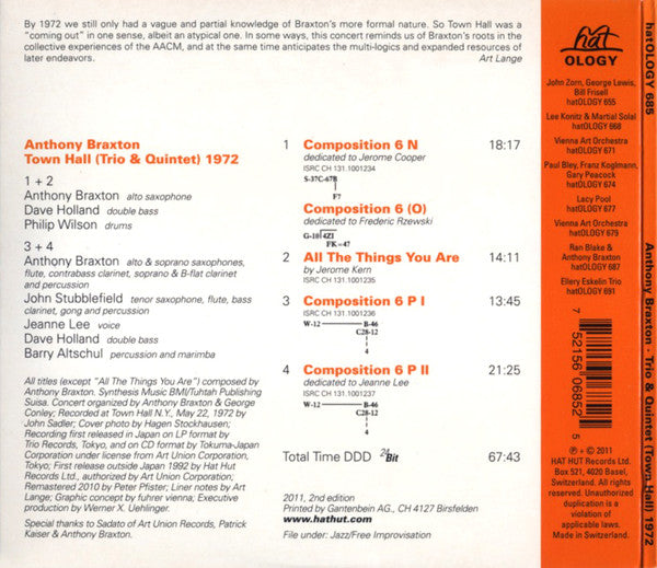 Anthony Braxton : Town Hall (Trio & Quintet) 1972 (CD, Album, RE, RM)