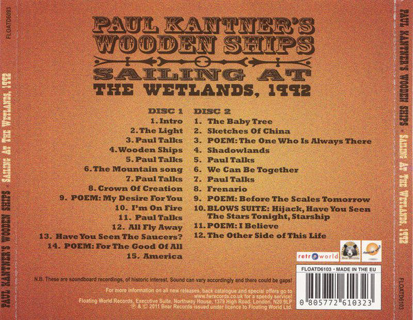 Paul Kantner's Wooden Ships : Sailing At The Wetlands, 1992 (2xCD, Album)