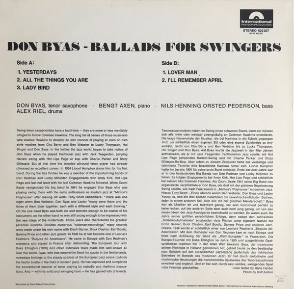 Don Byas : Ballads For Swingers (LP, Album)
