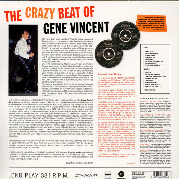 Gene Vincent : The Crazy Beat Of Gene Vincent (LP, Comp, Ltd, RE, 180)