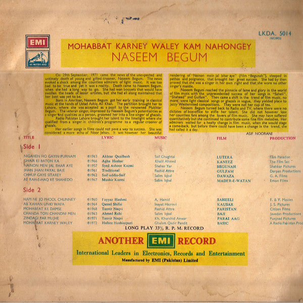 Naseem Begum : Teri Mehfil Main Laikin Ham Na Hongay (LP, Album)